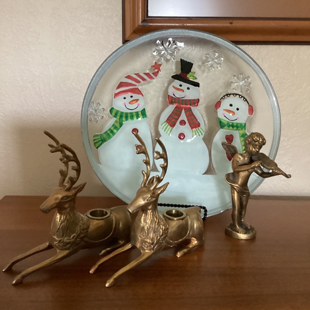 Ganz Fused Glass Round Snowmen Holiday Serving Platter Red Green White Silver - Picture 4 of 7